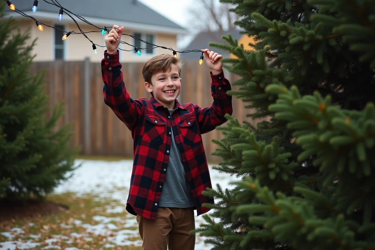 Adolescent accrochant des lumières sur un sapin extérieur en automne