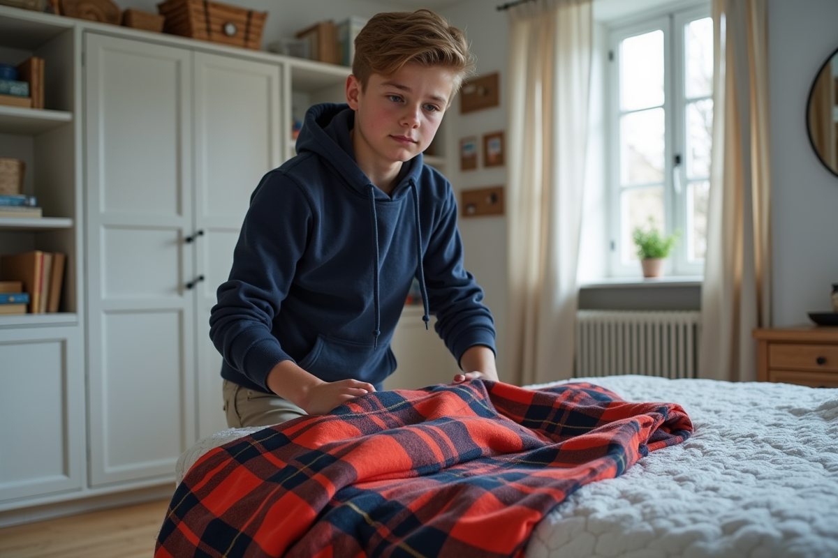 Adolescent pliant un plaid dans sa chambre lumineuse