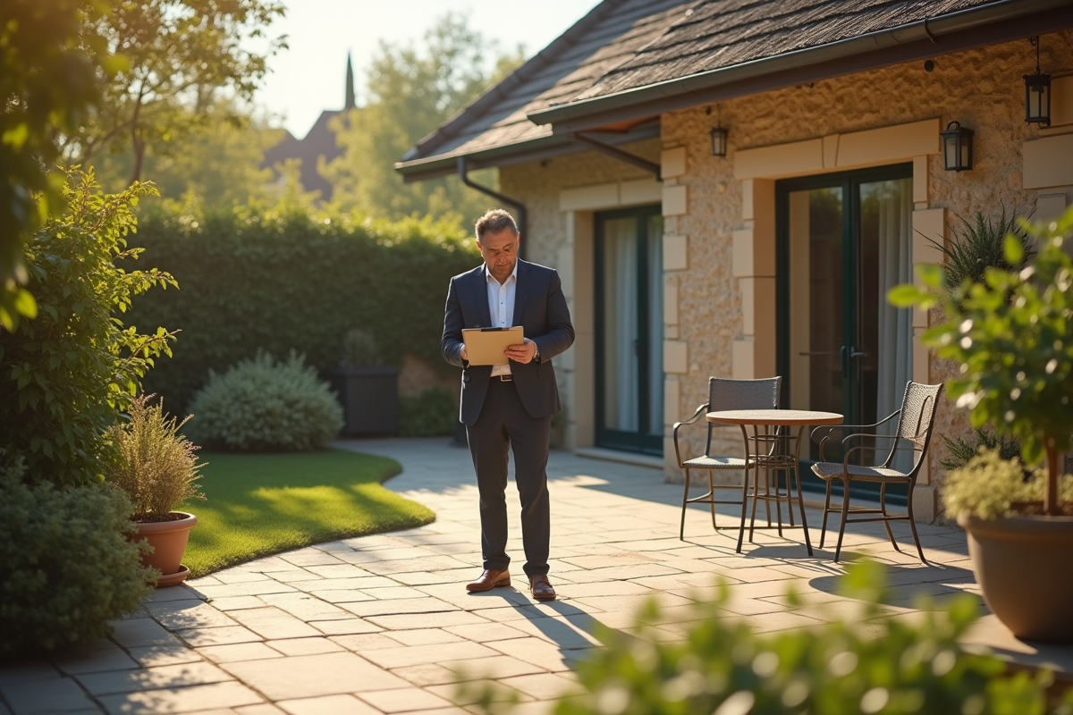 Agent immobilier inspectant une terrasse pavée en France