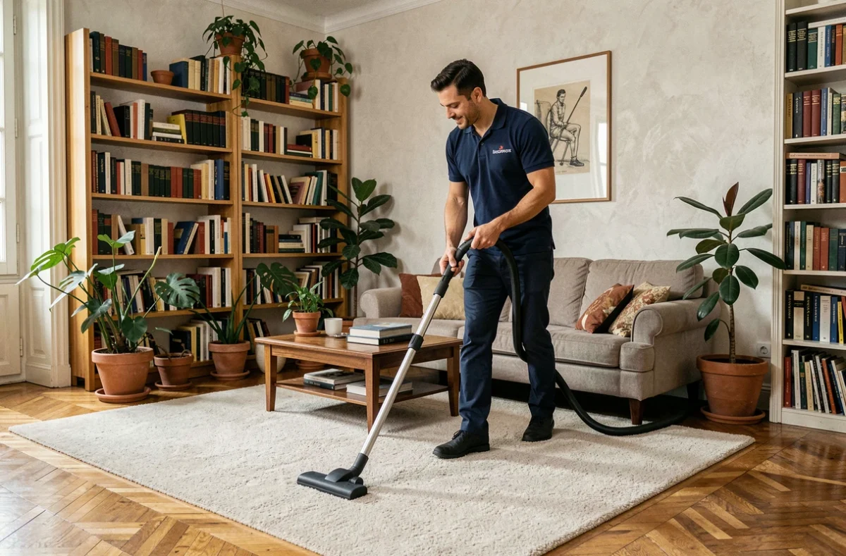 Agent d'entretien masculin passant l'aspirateur dans un salon d'appartement à Créteil