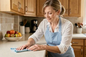 Aide ménagère professionnelle essuyant le plan de travail d'une cuisine propre et bien rangée