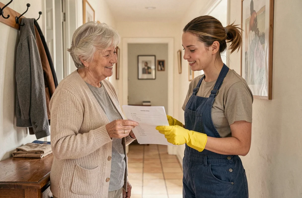Employée de maison et propriétaire discutant d'une liste de tâches ménagères à l'entrée d'un domicile