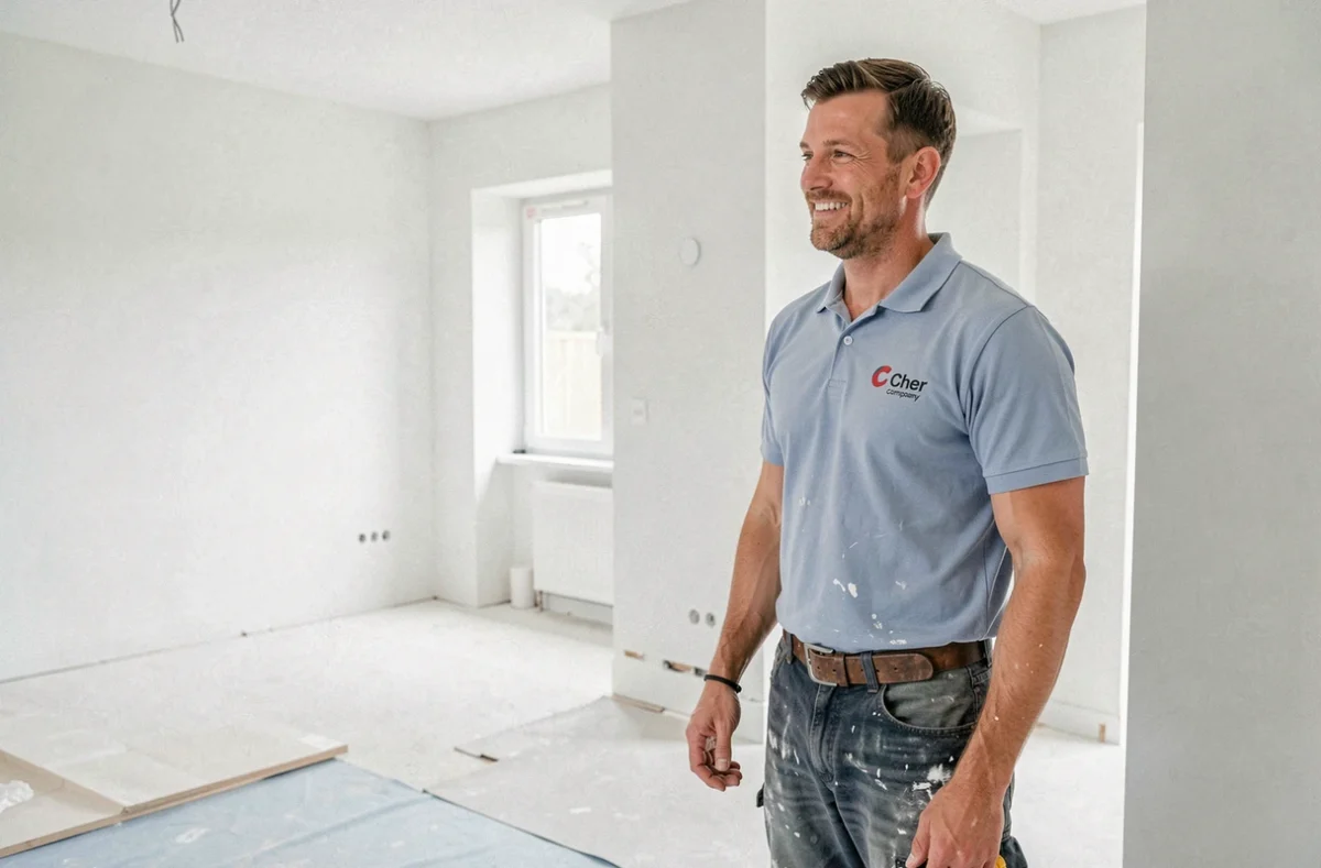 Entrepreneur Alb18 inspectant l'intérieur d'une pièce en cours de rénovation dans le Cher