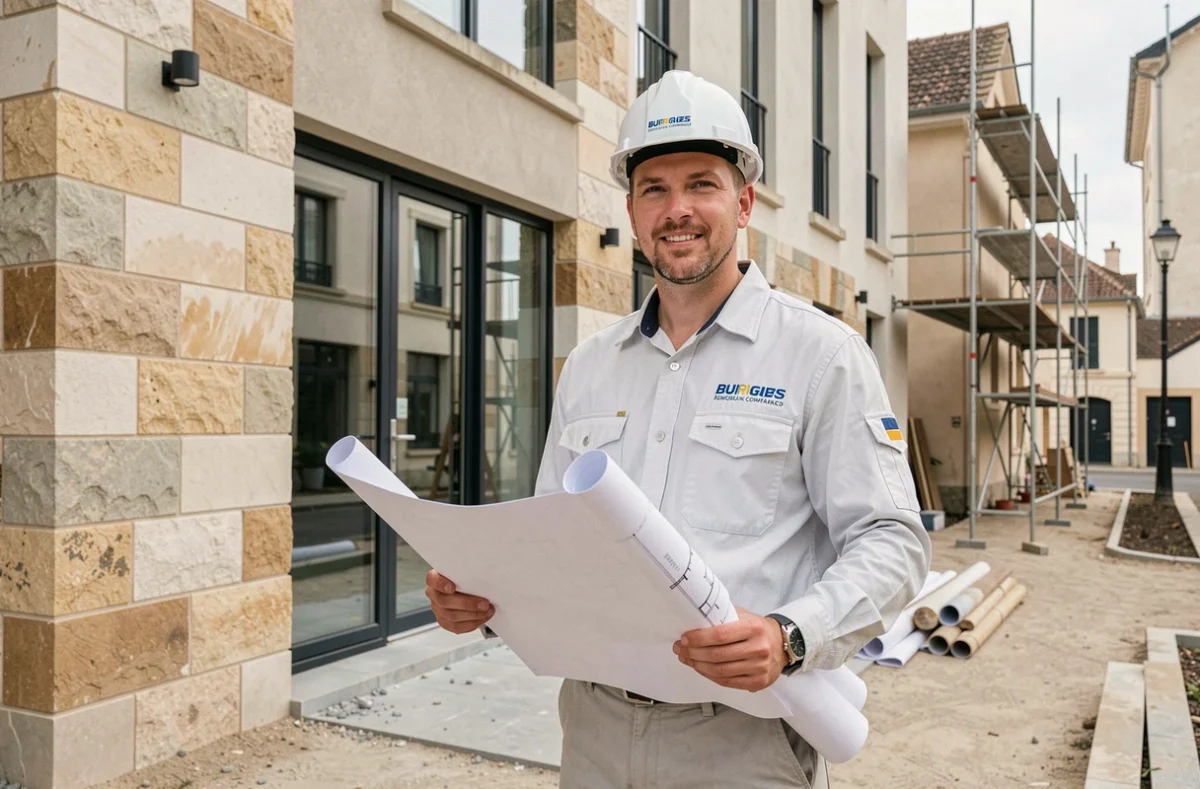 Professionnel de la rénovation Alcadis devant un bâtiment rénové à Bourges
