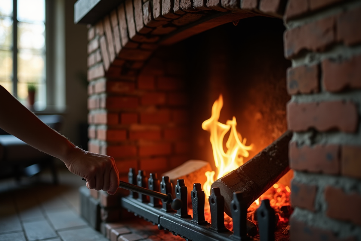 Main allumant un feu dans une cheminée française ancienne