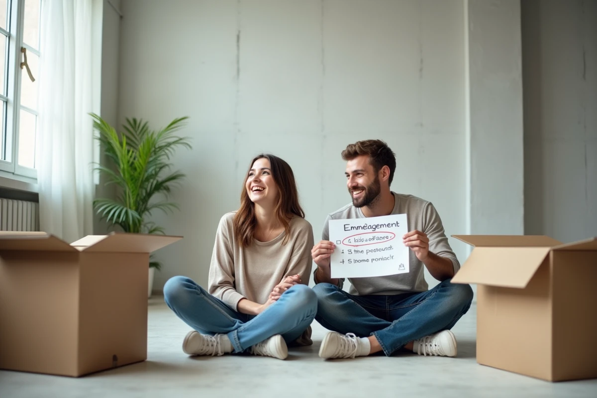 Deux amis entourés de cartons riant en révisant le vocabulaire français de l'emménagement dans un appartement vide