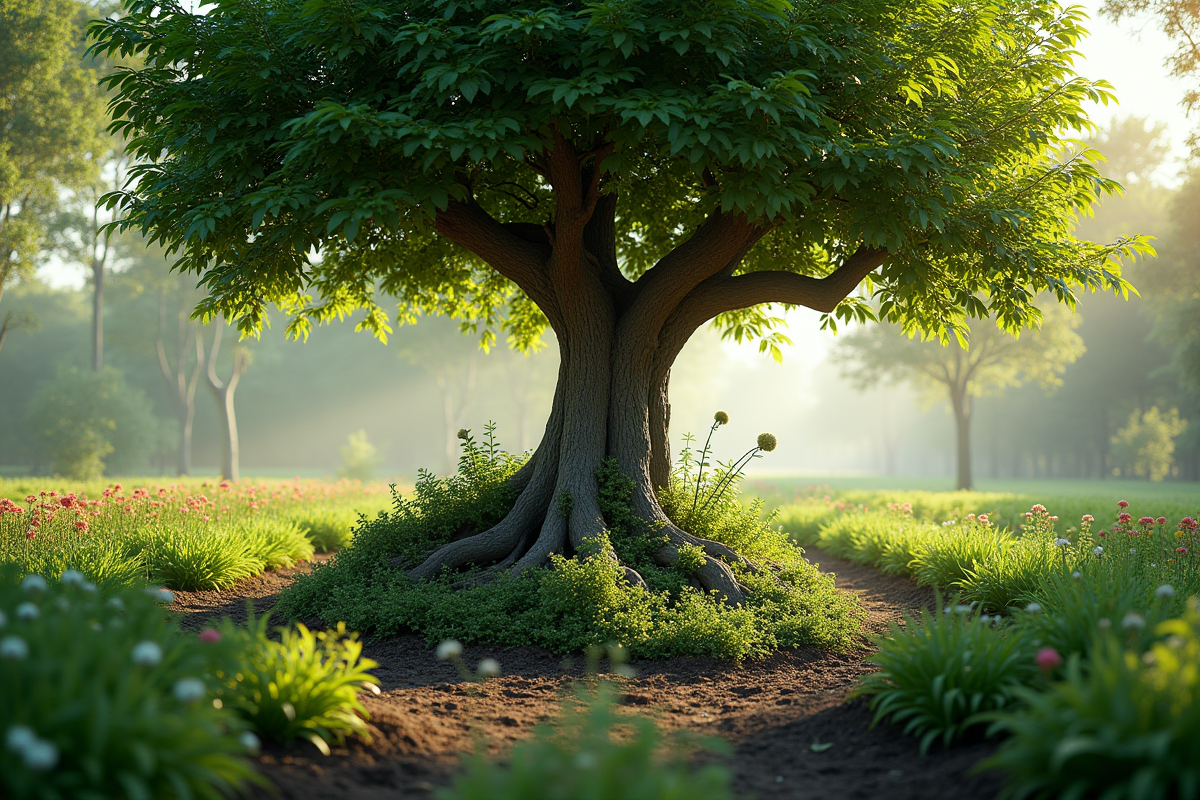 Arbre mature dans un jardin permaculture avec végétation luxuriante