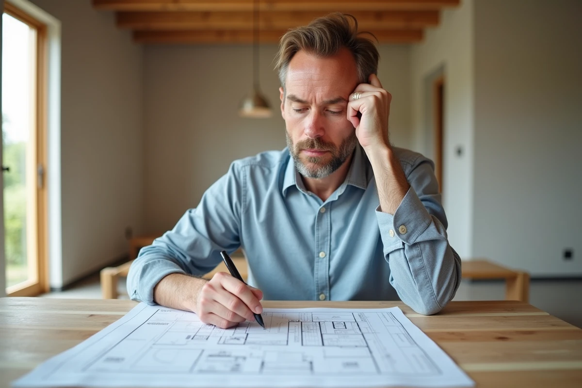 Architecte homme examine plans RIBO T dans un chantier lumineux