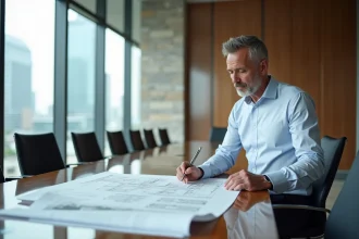 Architecte homme examinant des plans dans un bureau moderne