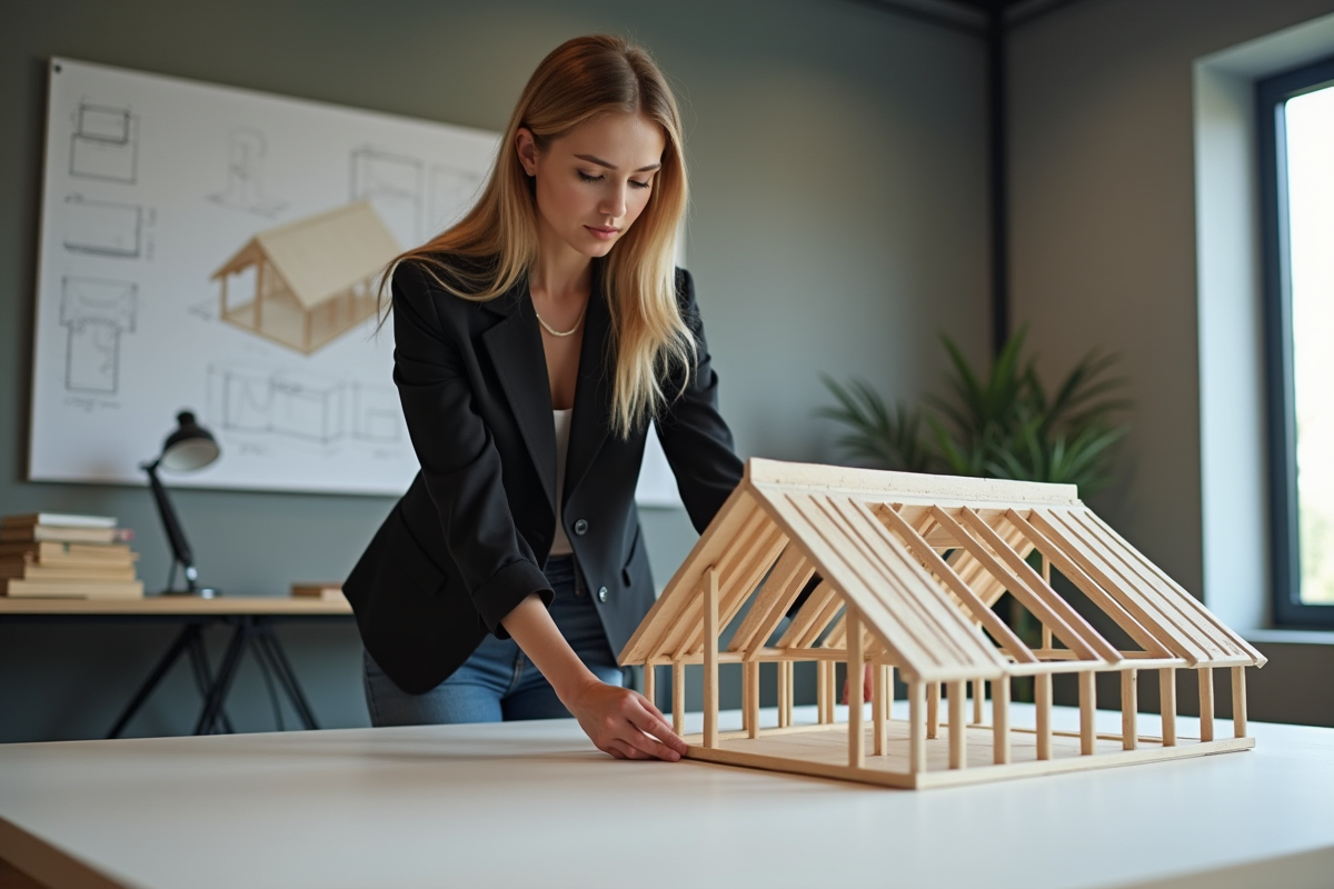 Architecte étudiant un modèle de toiture dans un bureau moderne