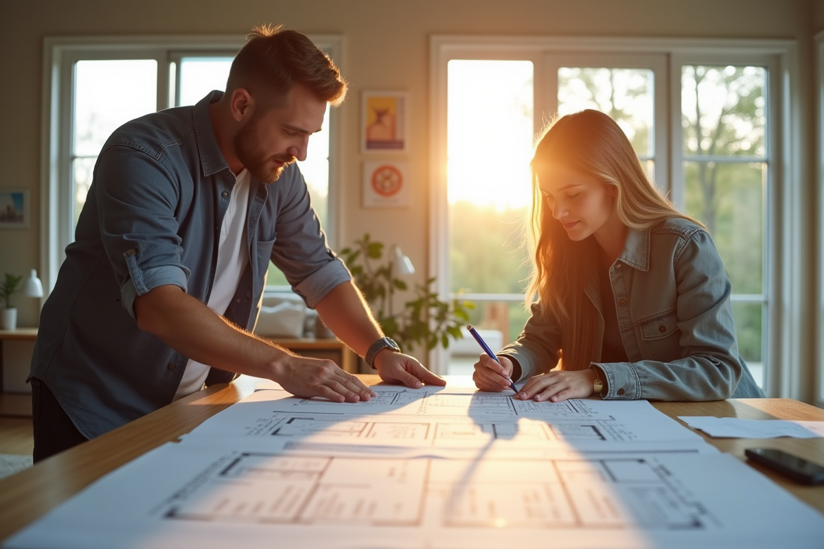 Architecte et propriétaire examinant des plans dans une maison moderne