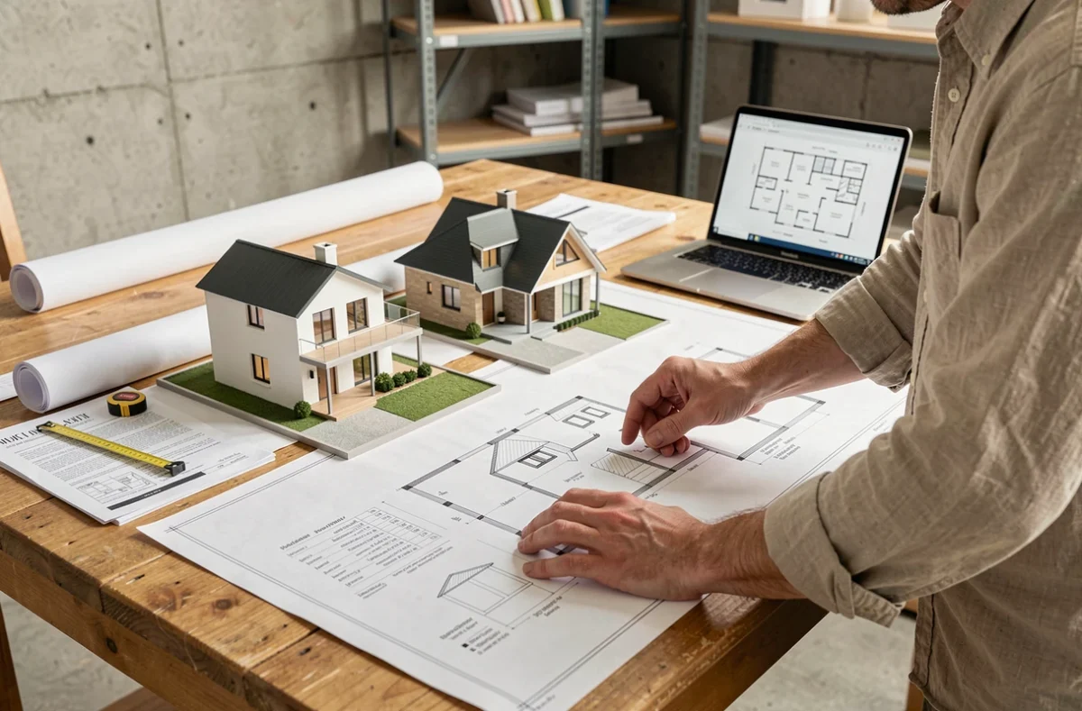 Architecte comparant des plans et maquettes d'une villa et d'une maison individuelle sur une table à dessin dans un studio professionnel