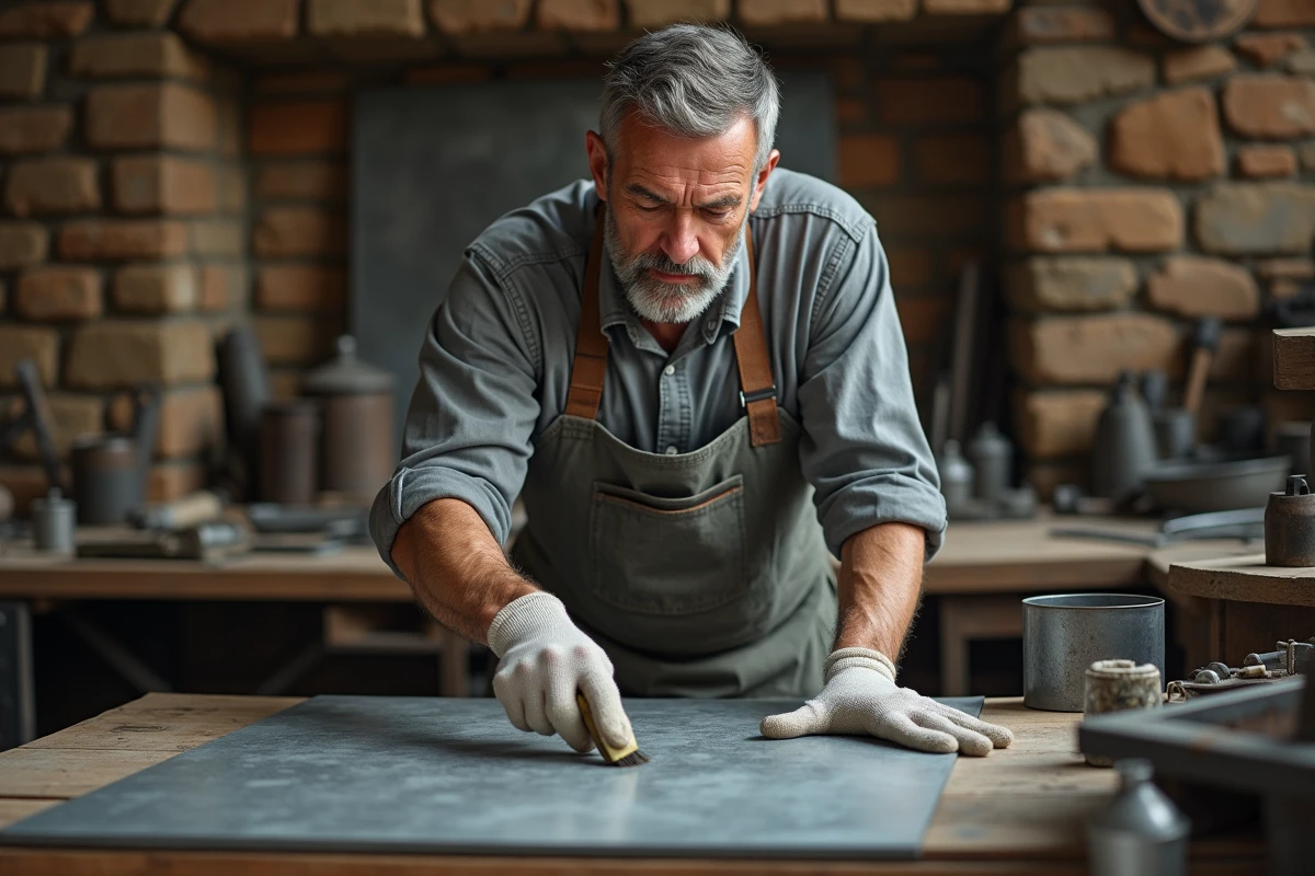 Artisan appliquant un produit de patine sur une feuille de zinc dans un atelier traditionnel