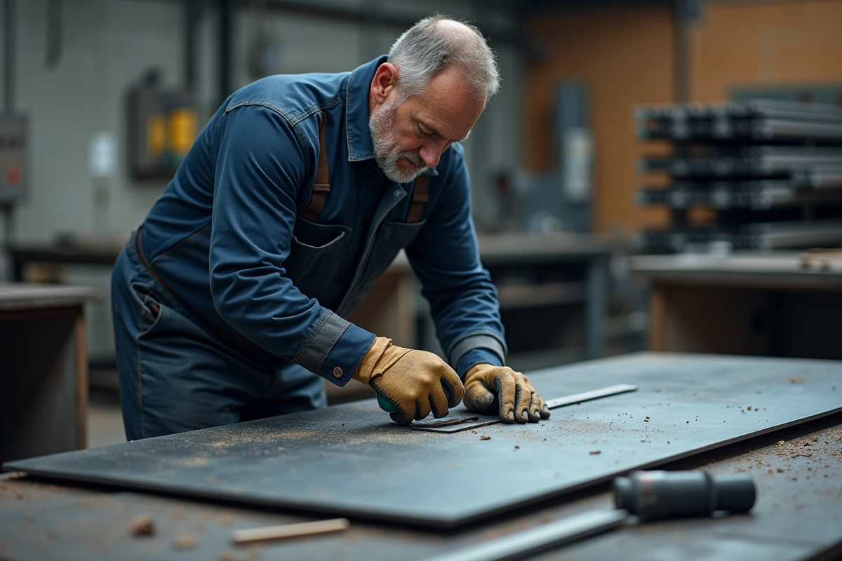 Artisan métallier mesurant une tôle d'acier dans un atelier industriel pour la fabrication d'un portail sur mesure