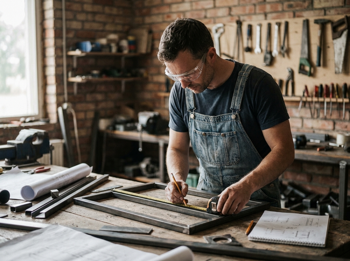 Artisan mesurant un cadre en acier pour une verrière intérieure sur mesure dans un atelier de rénovation