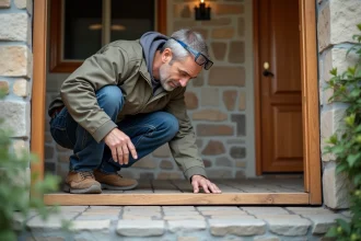 Artisan inspectant un mauvais alignement au bas d'une porte d'entrée en bois mal posée sur un porche en pierre