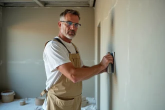 Artisan ponçant un enduit de finition mural avec un bloc abrasif grain fin en intérieur de chantier
