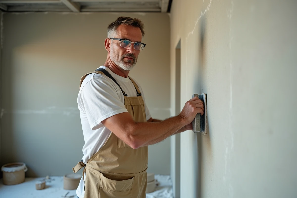 Artisan ponçant un enduit de finition mural avec un bloc abrasif grain fin en intérieur de chantier