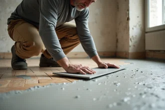 Artisan appliquant un ragréage autonivelant sur un plancher en parquet ancien dans un appartement haussmannien en rénovation