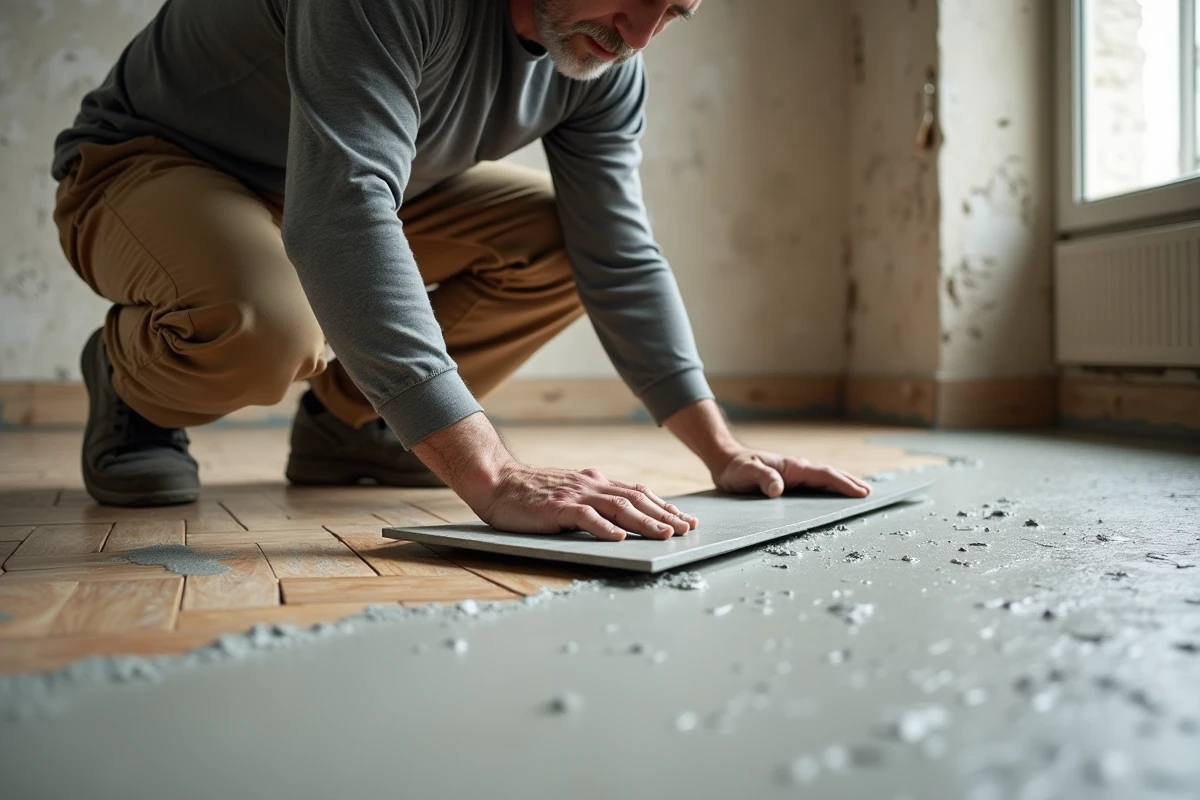 Artisan appliquant un ragréage autonivelant sur un plancher en parquet ancien dans un appartement haussmannien en rénovation