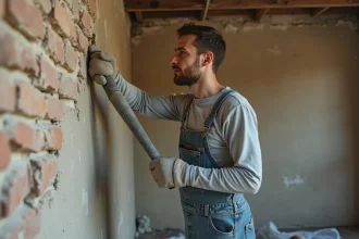 Artisan appliquant de l'enduit sur un mur en brique dans un appartement ancien en rénovation