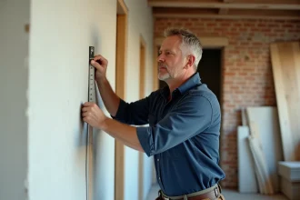 Artisan expérimenté mesurant un mur en cours de rénovation intérieure avec ruban métrique, chantier de rénovation résidentielle
