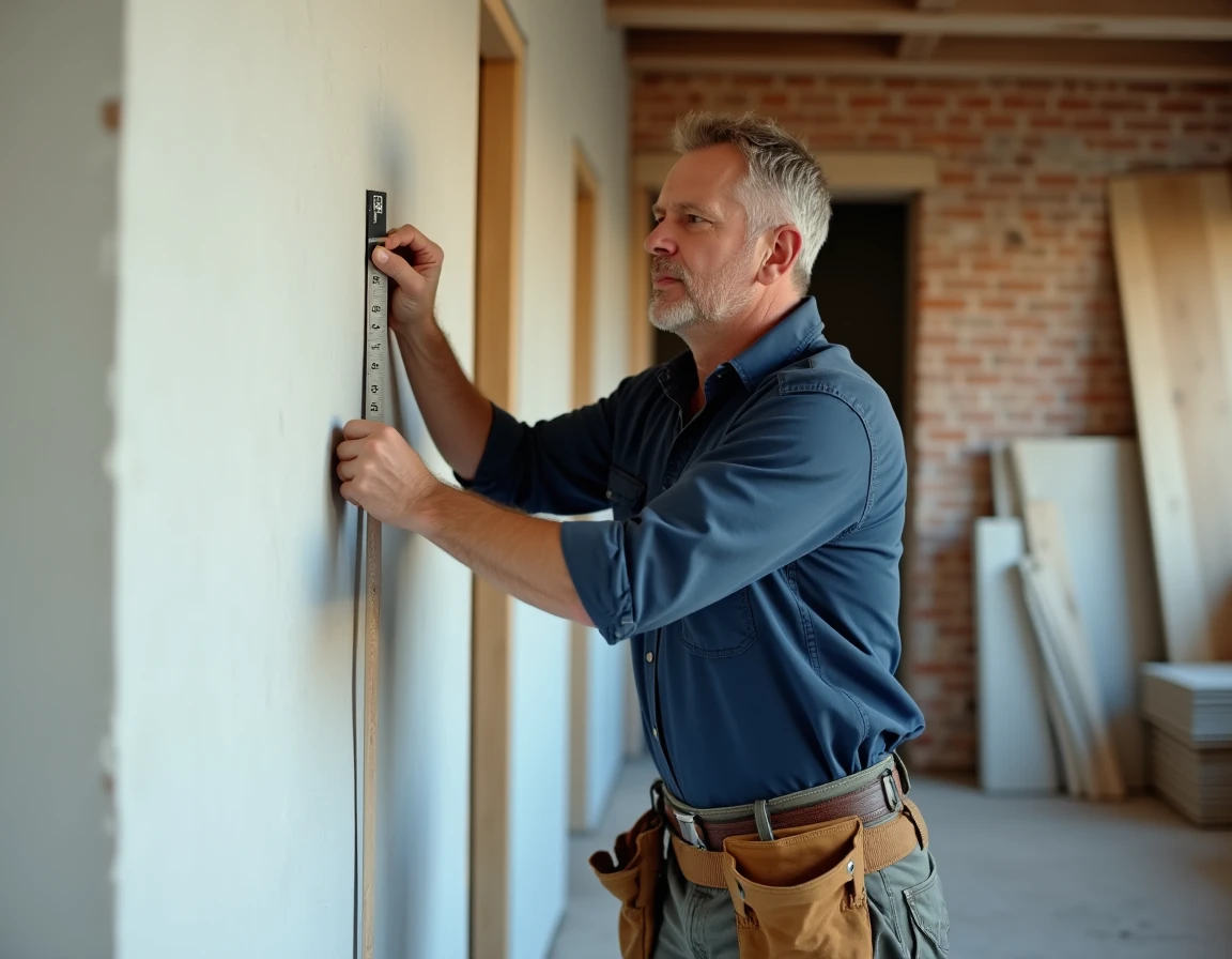 Artisan expérimenté mesurant un mur en cours de rénovation intérieure avec ruban métrique, chantier de rénovation résidentielle