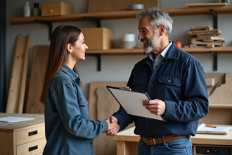 artisan homme en veste navy serre la main d'une femme souriante