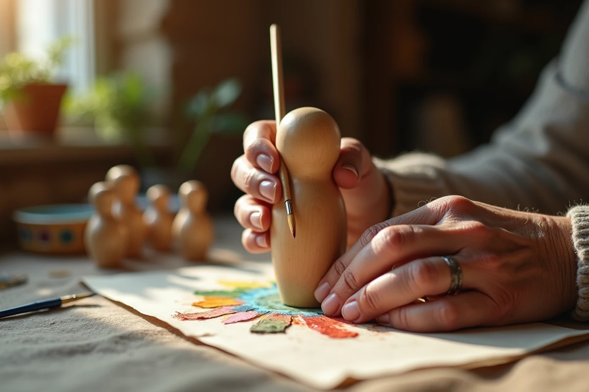 Artisane russe âgée peignant à la main une poupée Matriochka en bois de bouleau brut dans son atelier traditionnel, détail des mains et du pinceau