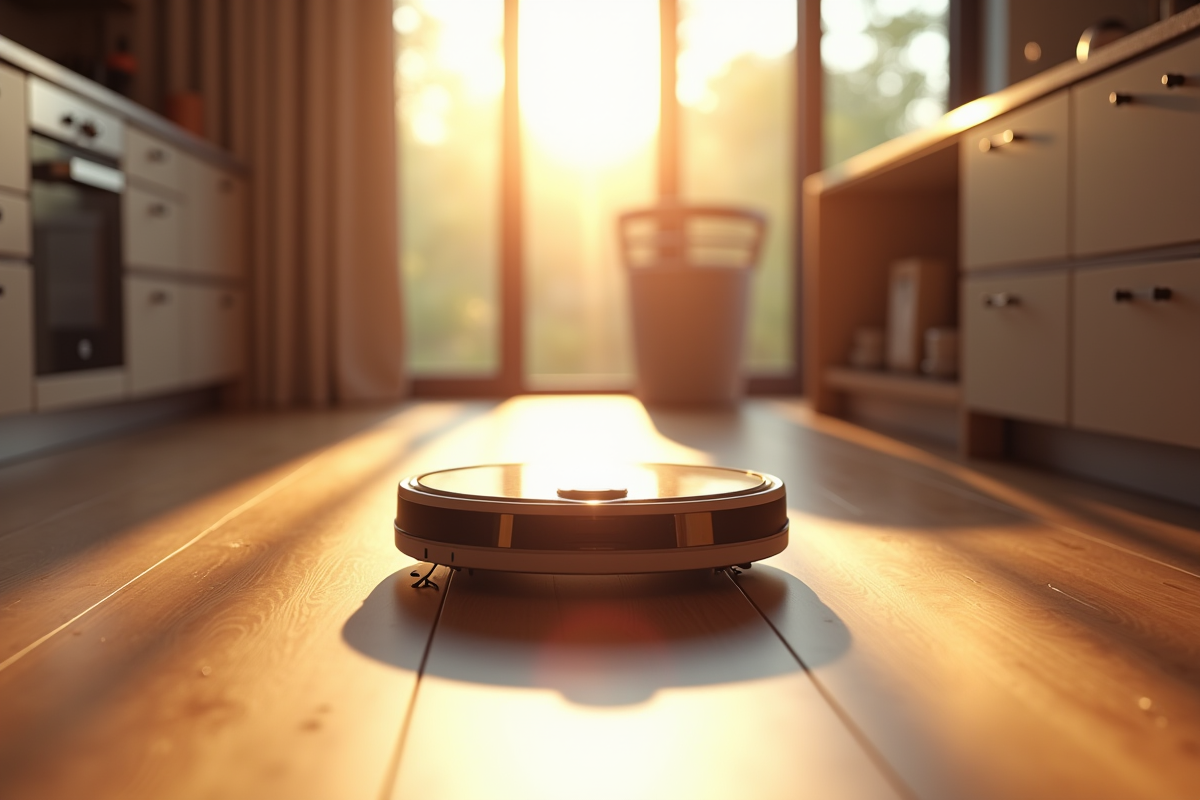 Aspirateur robot en action dans une cuisine lumineuse au lever du soleil