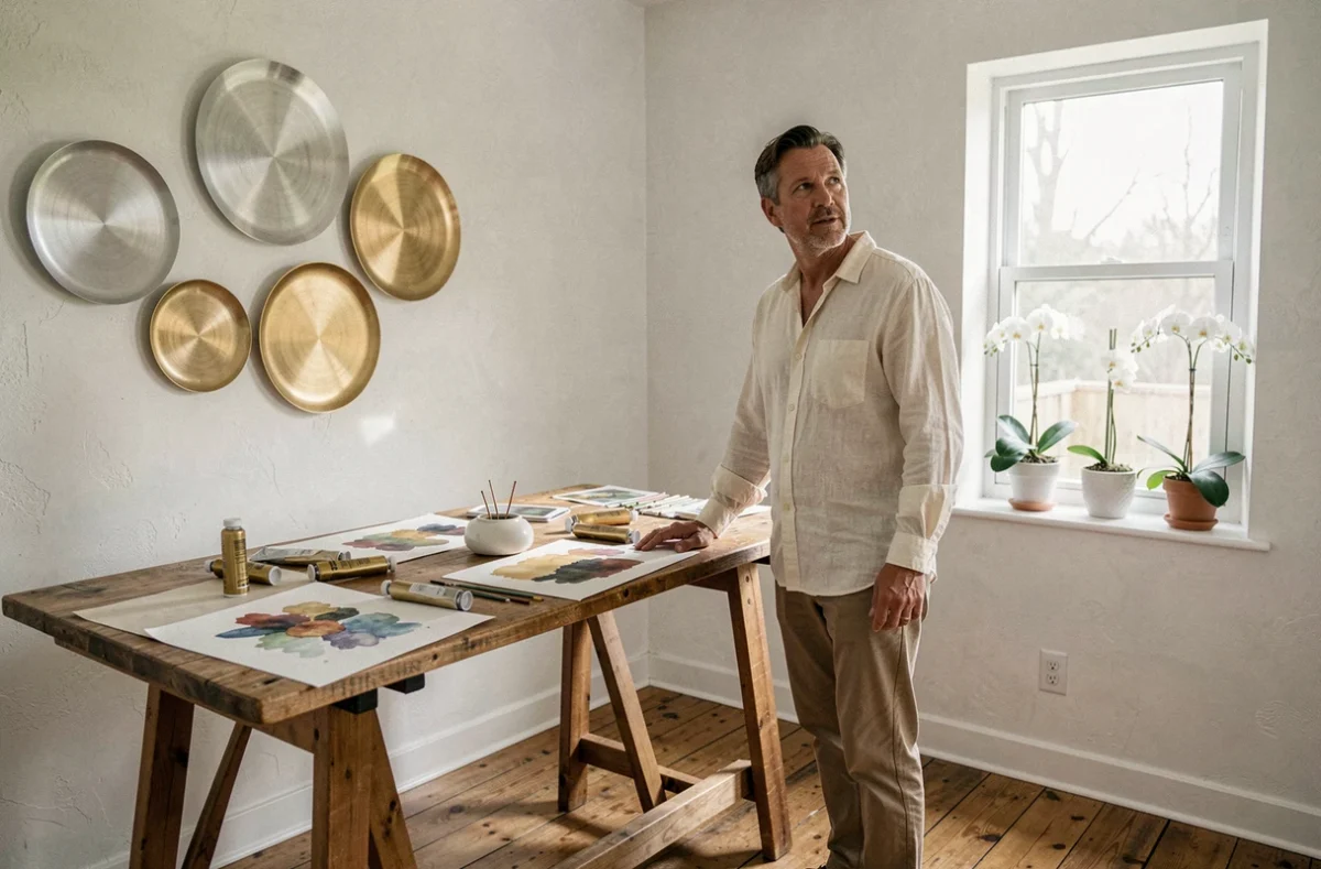 Homme créatif travaillant sur des aquarelles dans un atelier aménagé selon les principes Feng Shui du secteur Ouest