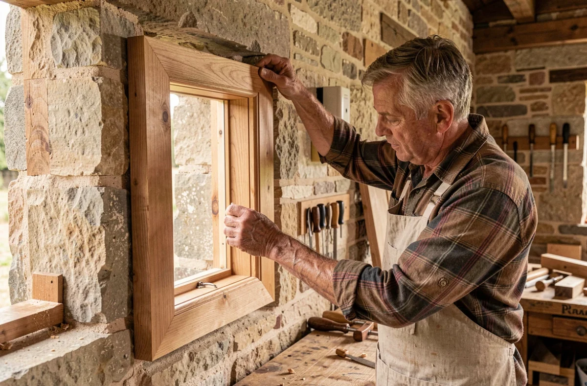 Maître artisan de l'Atelier Richet ajustant un cadre de fenêtre en chêne massif dans un atelier en pierre du Maine-et-Loire