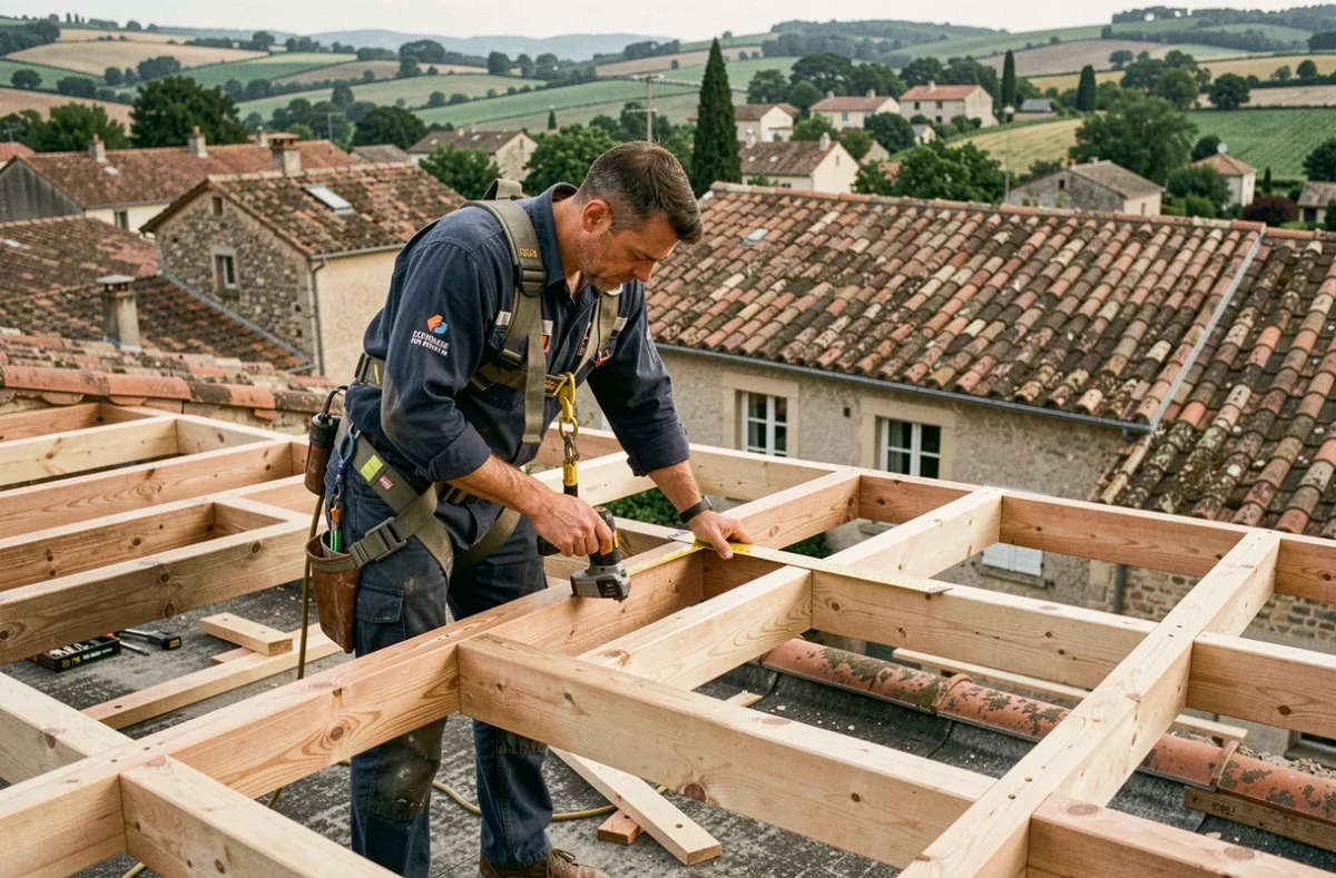 Artisan Auberger installant une charpente en bois sur un toit de maison dans le Cher