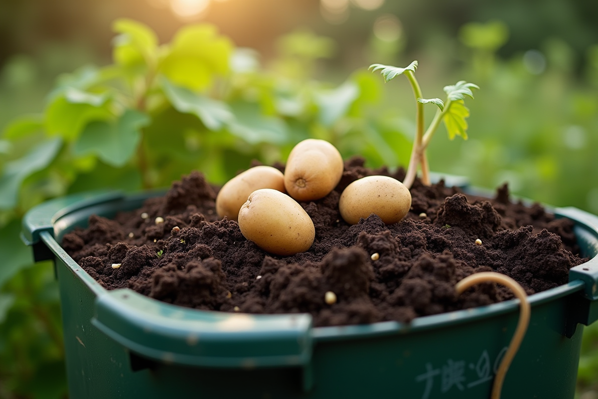 bac compost dans un jardin avec matières organiques riches