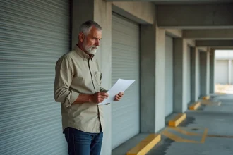 Propriétaire bailleur examinant un contrat d'assurance devant un box de garage en location dans un parking souterrain