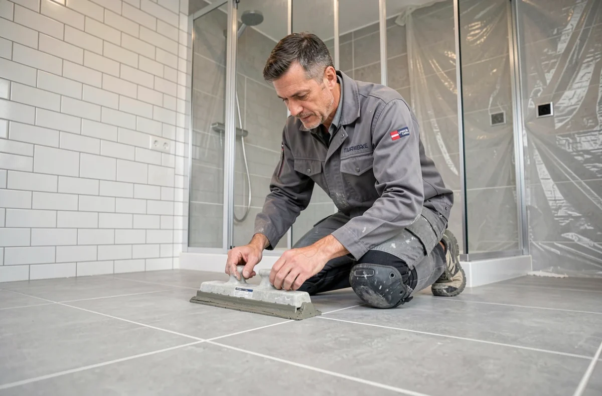 Artisan Bâti Renov 95 en train de jointoyer un carrelage rénové dans une salle de bain à Argenteuil