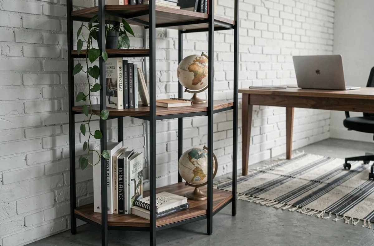 Bibliothèque pivotante en métal noir et bois de noyer dans un bureau à domicile contemporain