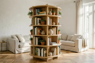 Bibliothèque tournante en bois de chêne clair dans un salon scandinave moderne avec décoration épurée
