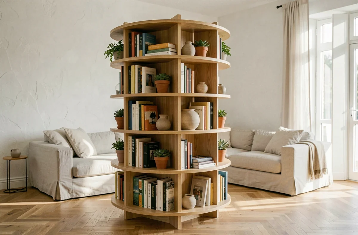 Bibliothèque tournante en bois de chêne clair dans un salon scandinave moderne avec décoration épurée