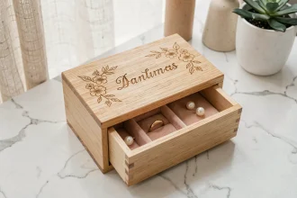 Boîte à bijoux en bois personnalisée avec gravure florale sur marbre blanc, compartiments en velours rose contenant bague et boucles d'oreilles en or