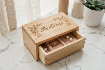 Boîte à bijoux en bois personnalisée avec gravure florale sur marbre blanc, compartiments en velours rose contenant bague et boucles d'oreilles en or