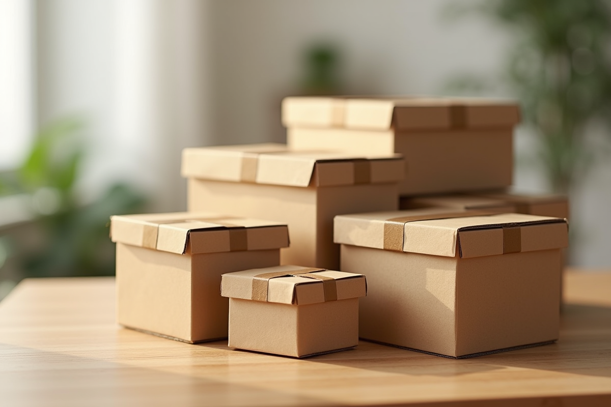 Différents types de boîtes en carton empilées sur une table en bois