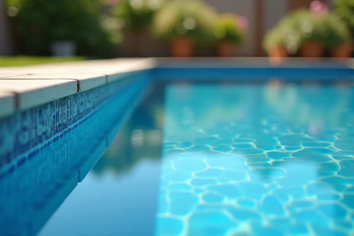 Détail du bord de piscine avec liner texturé et reflets d