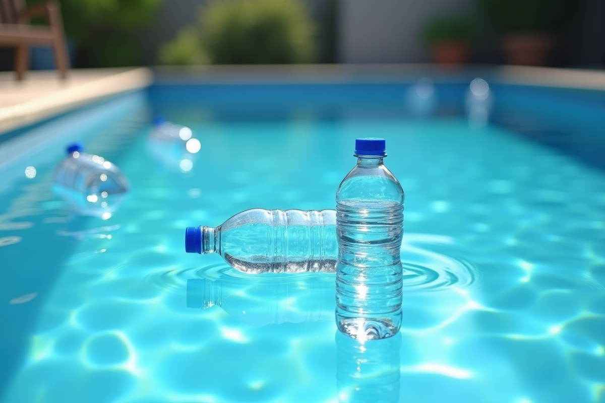Plusieurs bouteilles d'eau flottant sur une piscine en été