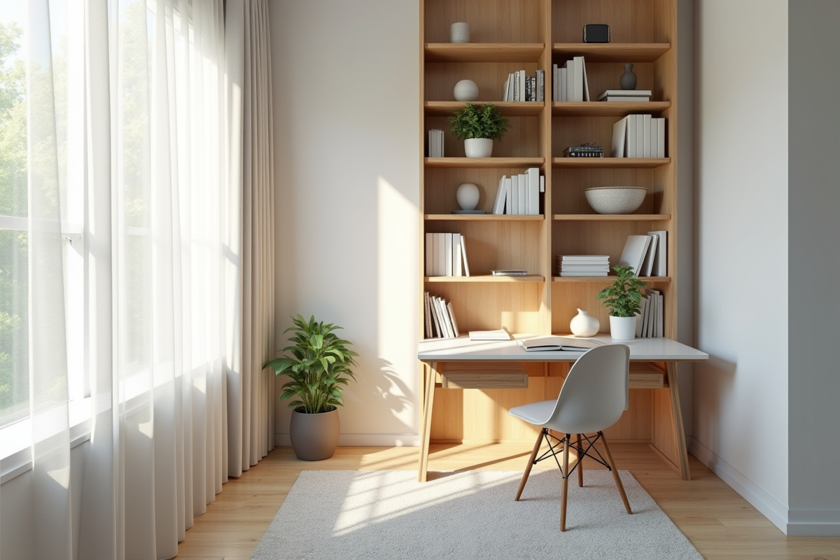 Bureau à domicile avec étagère haute et lumière naturelle