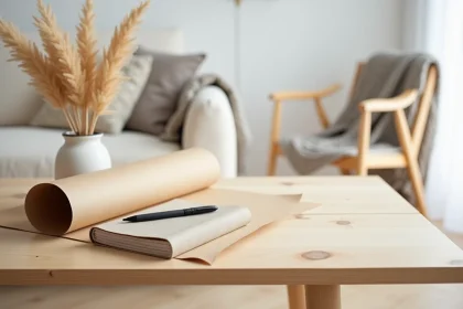Bureau minimaliste de style scandinave avec papier beige kraft, vase en céramique et accessoires en lin naturel