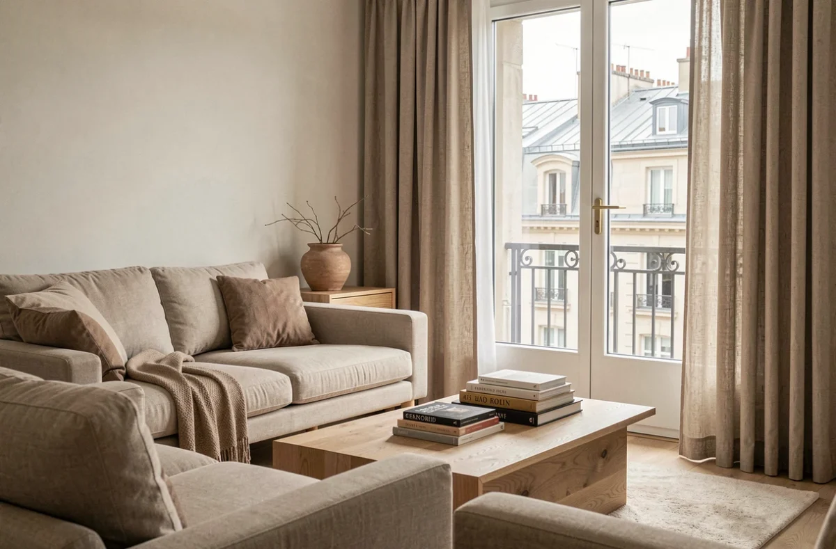 Appartement home staging moderne aux tons neutres et chaleureux réalisé par C-Tendance Marketimm dans le Rhône