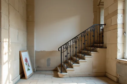 Cage d'escalier ancienne avec mur en pierre apparente et balustrade en fer forgé, décoration murale sobre dans une maison de caractère du XIXe siècle