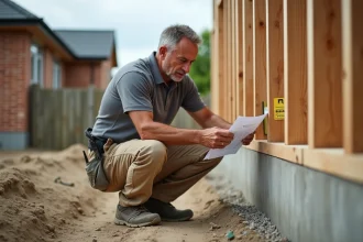 Chef de chantier calculant les m3 de béton nécessaires pour une extension de maison avec un plan de calcul et un mètre ruban