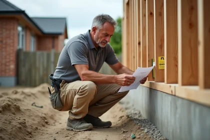 Chef de chantier calculant les m3 de béton nécessaires pour une extension de maison avec un plan de calcul et un mètre ruban